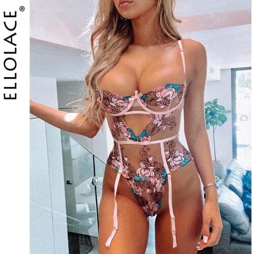 Ellolace Bodycon Sexy Floral Bodysuit Push up Embroidery Lace Lingerie Body Pink Cut Out Sleeveless See Through Mesh Top