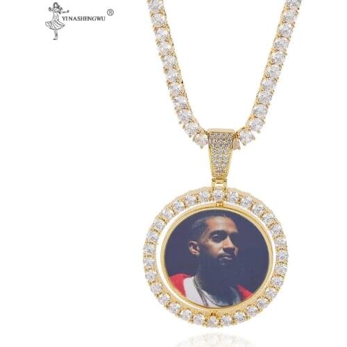Custom Made Photo Rotating Double-sided Medallions Pendant Necklace 4mm Tennis Chain Zircon Mens Hip hop Jewelry Accessories