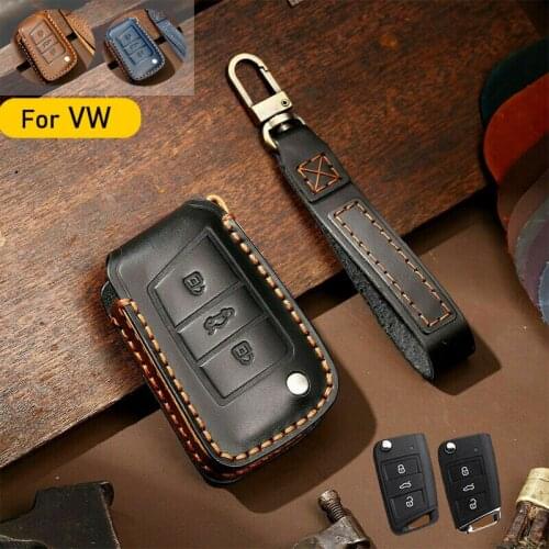 Genuine Leather Car Remote Key Case Fob Cover Shell Skin Holder Bag For Volkswagen VW Polo golf 7 MK7 Octavia Acessories Styling