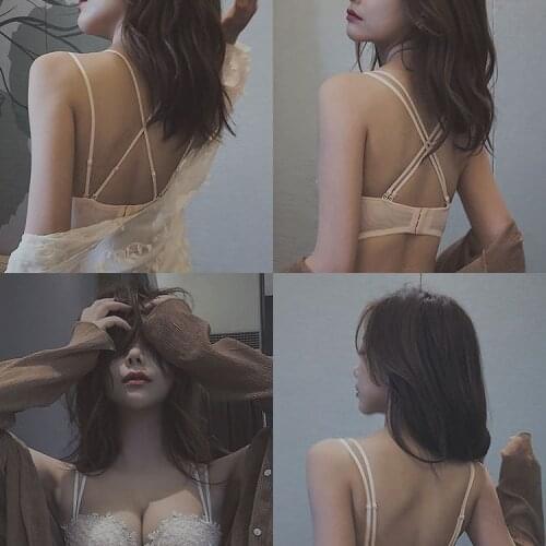 Black steelless ring sexy lace top adjustment bra set summer back cross thickening gathered to show the chest large lingerie set