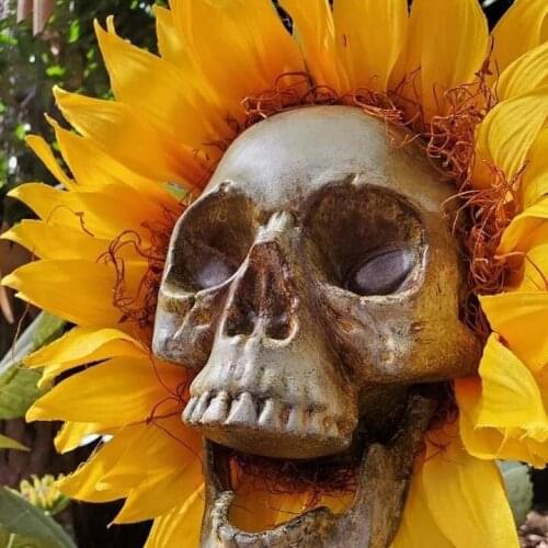 Home Decor Skull Sunflower Resin Craft Garden Statues Carving Statue Medical Human Skull for Garden Home Halloween Decoration