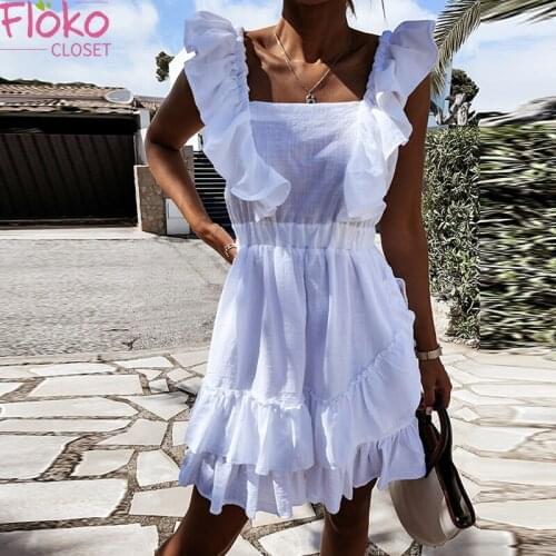 Flokocloset Solid Color Ruffle Sleeveless Summer Dress Women Casual V-Neck Backless Bow Beach Dresses Party Sundress