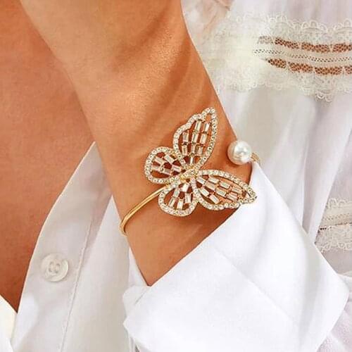 KaiMin Fashion Rhinestone Big Butterfly Golden Cuff Bracelet For Women Pearl 2021New Style Personality Bracelets Bangles Jewelry