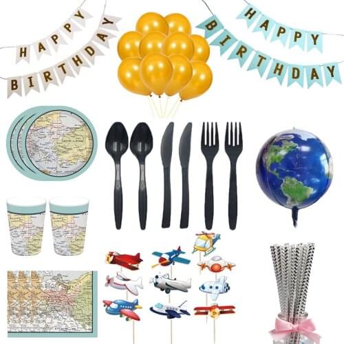 World Map Theme Disposable Tableware Set Paper Plates Cup Children happy Birthday Party Decorations Supplies Kids Toys Set