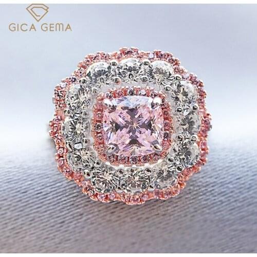 GICA GEMA Luxury Pink Diamond Rings For Women Girl Princess Square Gems 100% 925 Sterling Silver Wedding Engagement Fine Jewelry