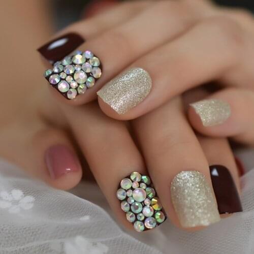Crystal Stones Press On Nails Custom Glitter Gold Cherry Color Artificial Finernails Square Short Tips Predesigned