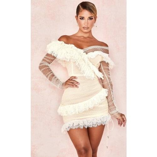 Babatique New Style Off Shoulder Lace Celebrity Evening Party Dress Women Sexy Long Sleeve Ruffles Bodycon Club Dress Vestidos