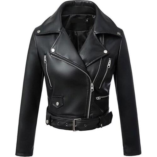 New Autumn Women Pu Leather Jacket Woman Zipper Belt Short Coat Female Black Punk Bomber Faux Leather Outerwear