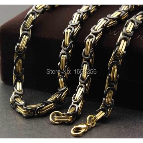 18''-40'' Black and gold Stainless Steel Mens 8mm Byzantine Box Biker Chain Necklace