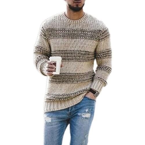 Autumn winter Knitted Top stripe casual sweater round neck long sleeve pulover de hombre Rib bottom pendulum pullover men