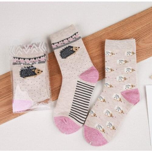 2pairs Cartoon Cat Rabbit Hedgehog Owl Mouse Penguin Squirrel Cow Pig Panda Deer Cute Animal Harajuku Funny Woman Cotton Sock