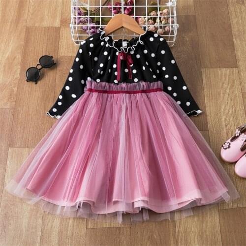 Autumn/Winter Clothes For Kid Girl Knit Polka Dot Ruffle O-Neck Long Sleeve Dress For Children Elegant Tulle Gown For Baby Girl