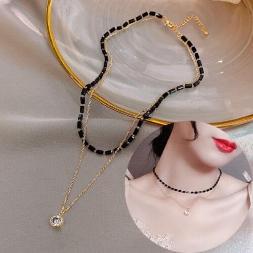 Fashion Luxury Black Bead MultiLayer Chain Rhinestone Choker Necklace for Women Collar Pendant Necklace Jewelry Party Charm