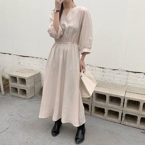 Solid Temperament Women Spring Summer Dress Cotton V-Neck High Waist Lantern Sleeve Dress Casual Simple Long Dresses Vestido 140
