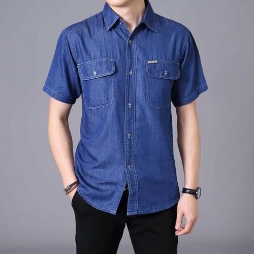 Mens Denim Shirt Cotton Working Jean Top Baggy Casual Short Sleeve Plus Size Tee