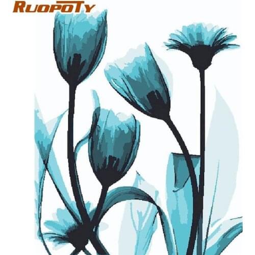 RUOPOTY 60x75cm Frame Painting By Numbers Acrylic Pigment Drawing On Canvas Blue Flower Oil Picture Modern Home Decor Diy Gifts