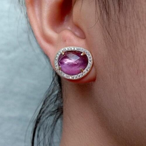 YYGEM Natural Purple Amethyst Cubic Zirconia Pave Gold plated Bezel Set Faceted Stud Earrings