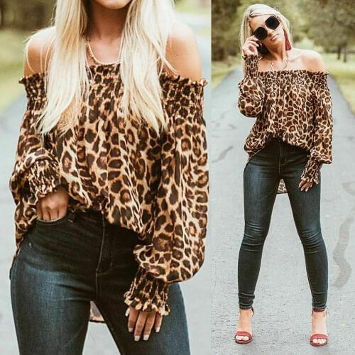 Women Leopard Shirts Off Shoulder Printing Loose Tops Pullovers Chic Ladies Summer Casual Female T Shirt Clothing