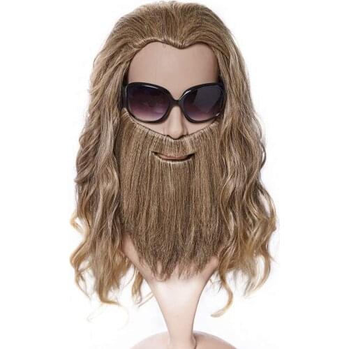 BESTUNG Long Wavy Curly Golden Brown Wigs for Men with Beard Mustache for Cosplay Halloween Anime Costume Party