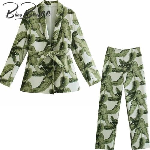 BlingBlingee Za 2021 Autumn Woman Traf Outfits Female Leaf Print Belted Loose Shirt + Long Pants Suits Casual 2 Piece Sets