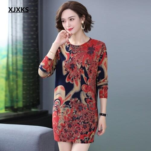 XJXKS High quality printed dress women knitted pullover 2021 autumn winter new loose plus size women long sweater