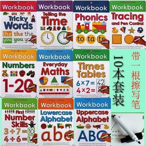 10 Books/Set Wipe Clean Workbook Children Kids English Picture Book Learn ABC Alphabet/Times/Maths/Tricky Phonics Words