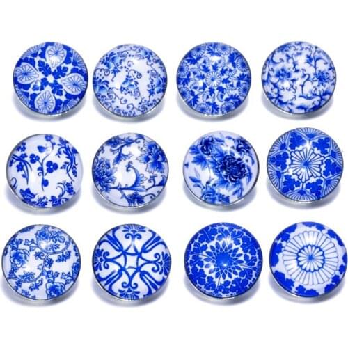 12pcs/lot Blue and white porcelain Pattern Charms 18mm Glass Snap Button For DIY Charms Bracelet 18mm Snaps Jewelry KZ0073