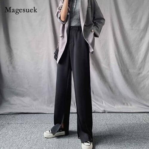 2020 Straight Suit Womens Trousers with Split Hem Loose Solid Trousers Spring and Autumn High Waist Drape Floor Trousers 10998