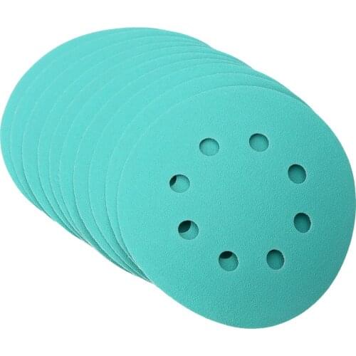 10Pcs Wet Dry Polyester Film-Backed Green 5 Inch 8 Hole Abrasive Sandpaper for Car Paint Wood Metal Grinding and Polishing