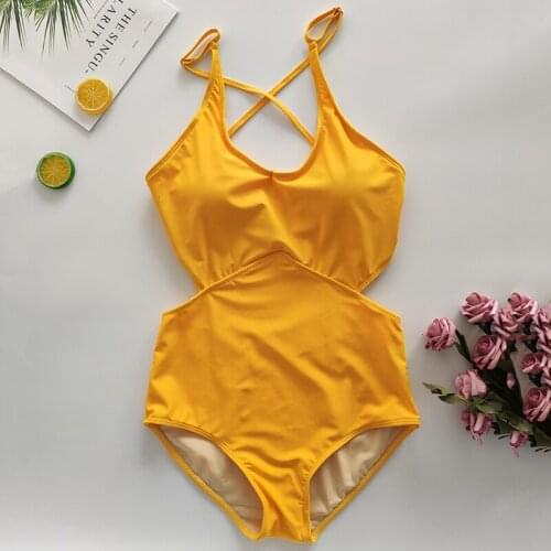 Brand Women Sexy One Pieces Swimwear Blue Plaid Yellow Solid Cross Backless Swimsuit Hot Girls Beach Wear Bathing Suit Bodysuit