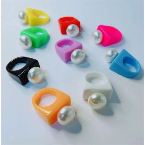 New Korean Pearl Bead Colorful Acrylic Resin Finger Rings Fashion Candy Color Geometric Water Drop Ring For Women Girls Jewelry