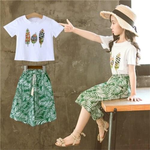 Girls Clothing Sets Teenage Kids Clothes Suit Feather Tops+ Print pant 3-14 Years 2pcs Children Clothing Set