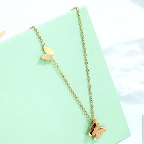 Retro frosted butterfly pendant necklace Women charm sweater chain stainless steel long necklace simple clavicle insect chain