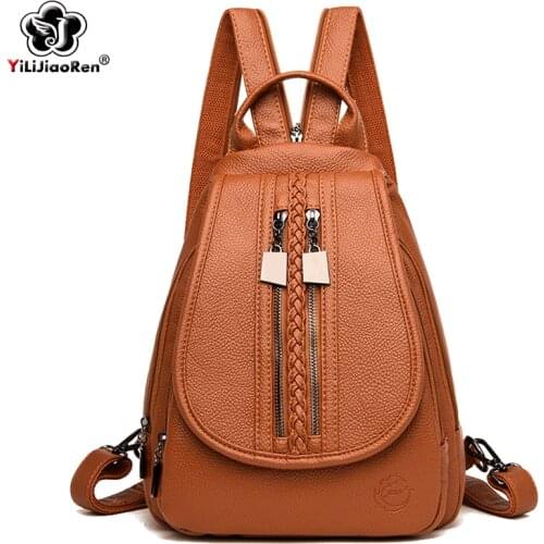 Fashion Double Zipper Backpack Female Leather Backpack Purse Large Capacity school bags for teenage girl Shoulder Bags for Women