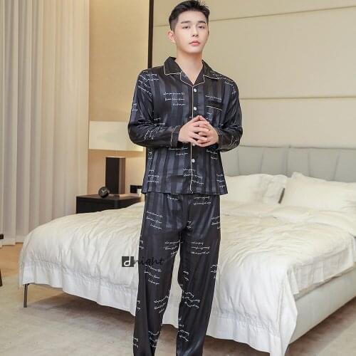 Large Size 4XL Men Sleepwear Stripe Luxury Pyjamas Underwear Satin Long Sleeve Black Trousers for Autumn Button Down Pajama Set