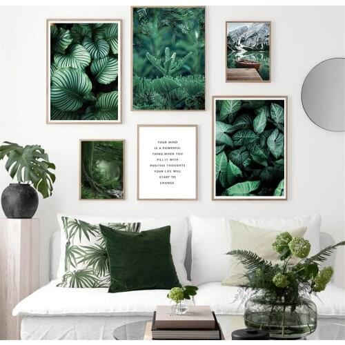 Green Leaves Plant Wall Art Poster Mountain Lake Boat Natural Landscape Canvas Painting Quotes Prints Scandinavian Home Decor