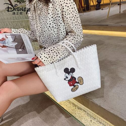 New 2021 Disney Mickey Lady Knitted Tote Bag Cartoon Large Capacity Tote Bag Daily Goods Travel Carrying Cartoon Bag