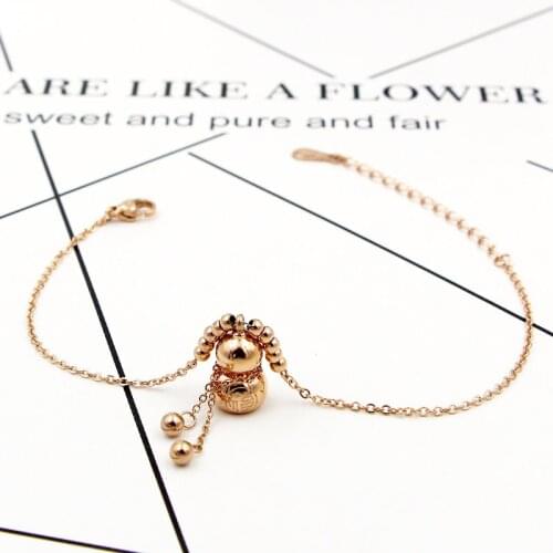 New Design Exquisite Beauty Chinese Element Bead Fu Character Gourd Anklets Titanium Steel Rose Gold Color Jewelry Woman Anklet