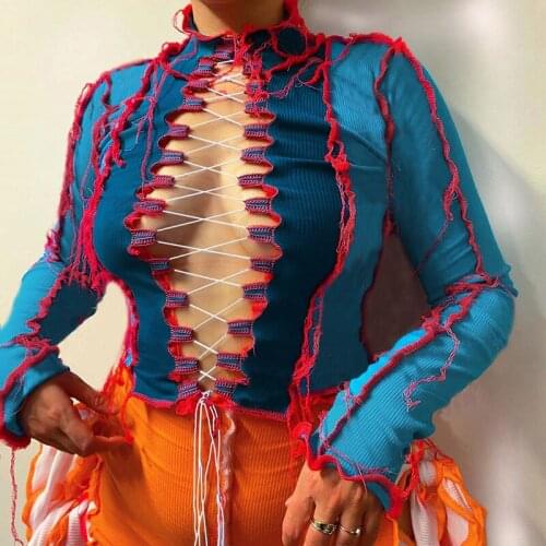 Autumn Sexy Lace Up Long Sleeve Patchwork Bandage Cut Out Sexy Crop Top Autumn Winter Women Fashion Streetwear Outfits Tshirts