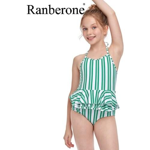Ranberone 2021 New Girls One Piece Swimsuit Ruffle Style Striped Childrens Swimwear 2-12 Years Kids Beach Wear Spot Wholesale