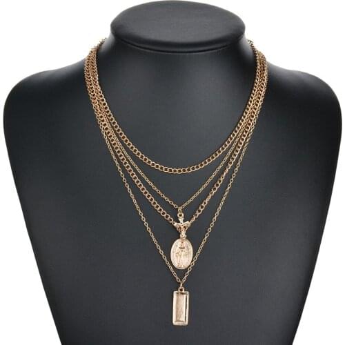 Religious Multiple Chains Oval Metal Virgin Mary Portrait Relief Cross Pendent Necklace for Women Men Girls Christian Jewelry