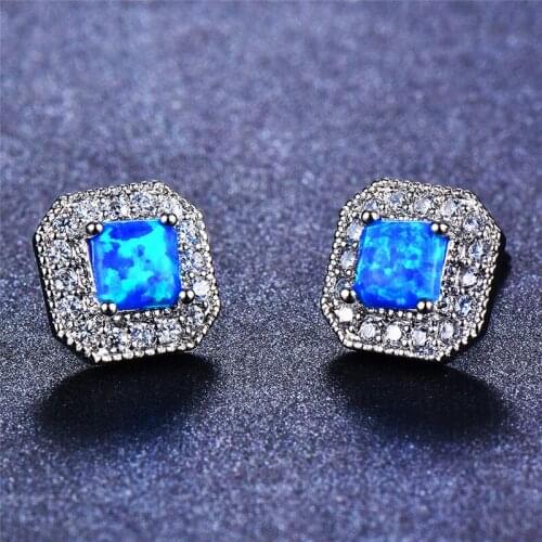 Bamos Square Blue/White Fire Opal Stud Earrings 10mm Birthstone Small Earrings For Women Silver Color Fine Jewelry