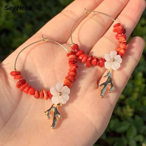 SAY HELLO Boho Red Turquoises Metal Inlaid Acrylic Flower Dangle Earrings Delicate Coral Alloy Dangle Earrings Jewelry D0528