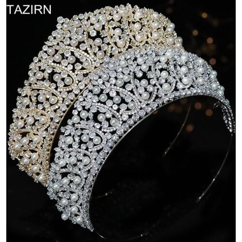 Cubic Zirconia Pearls Princess Bridal Wedding Crowns and Bead Bride Tiaras Pageant Hair Jewelry CZ Party Headpieces for Women