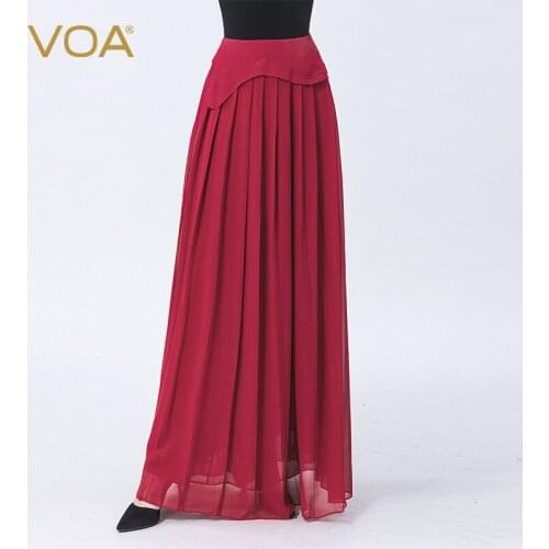 VOA 100% Mulberry Silk Georgette Wine Red Skirt Wavy Fold Invisible Side Pull Double Layer Refreshing Elegant Woman Skirts CE115