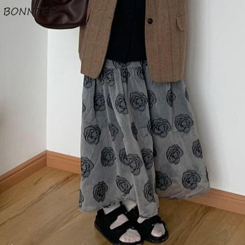 A-line Skirts Women Floral Elegant Sweet Student All-match Preppy Style Leisure Loose High Waist Lady Spring Trendy Chic Ulzzang