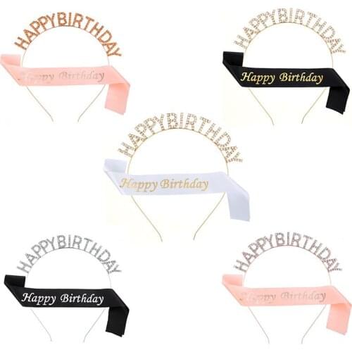 1 Set New Rose Gold Silver Happy Birthday Party Satin Sash Crown Tiara Headband for Girls Women Happy Birthday Party Supplies