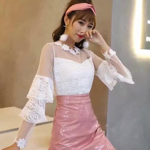 Women Hollow Out Mesh Blouse 2019 Summer Sweet Floral Ruffles Lace Shirts Ladies Long Sleeve Bottoming Blouses Blusas Tops A1420