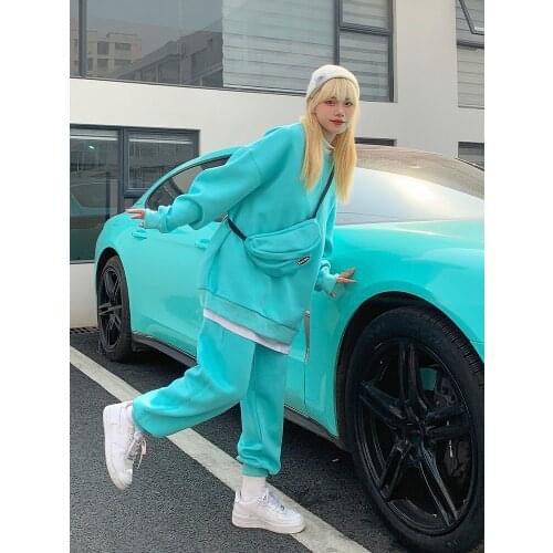 Women Tiffany Blue Suits Fashion Solid Sports Casual Two Piece O-Neck Drop-Shoulder Sleeve Sweatshirt High Waist Sweatpants