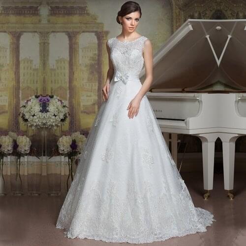 A line Elegant Appliques Scoop Sleeveless Sexy Backless Wedding Gowns vestidos de novia 2015 Lace Wedding Dresses Made in China